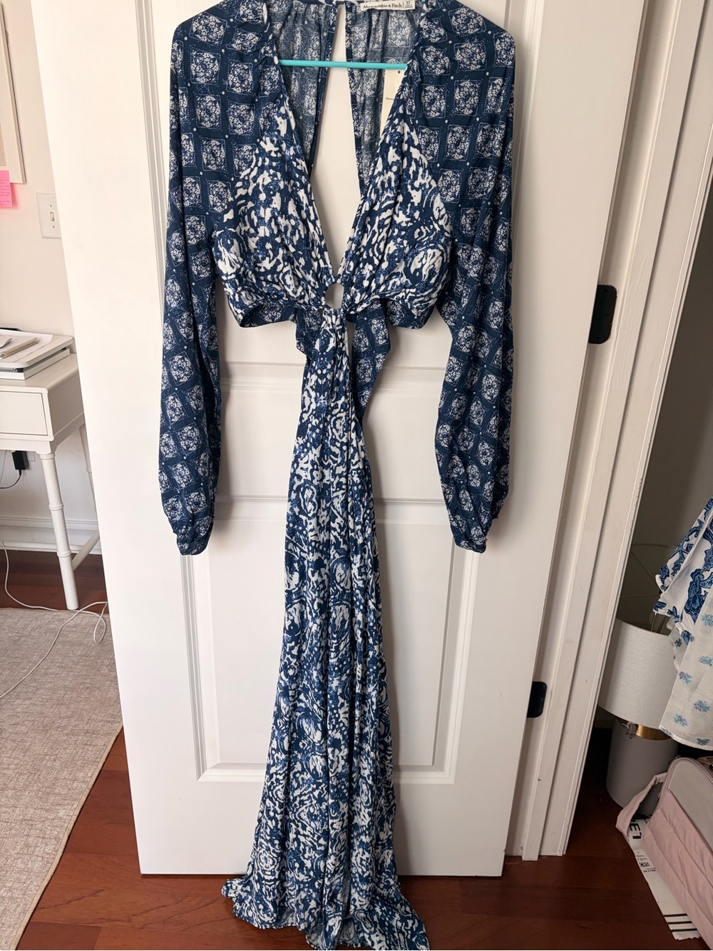 NWT Abercrombie & Fitch Navy White Tie-Front Maxi Dress Small Tall